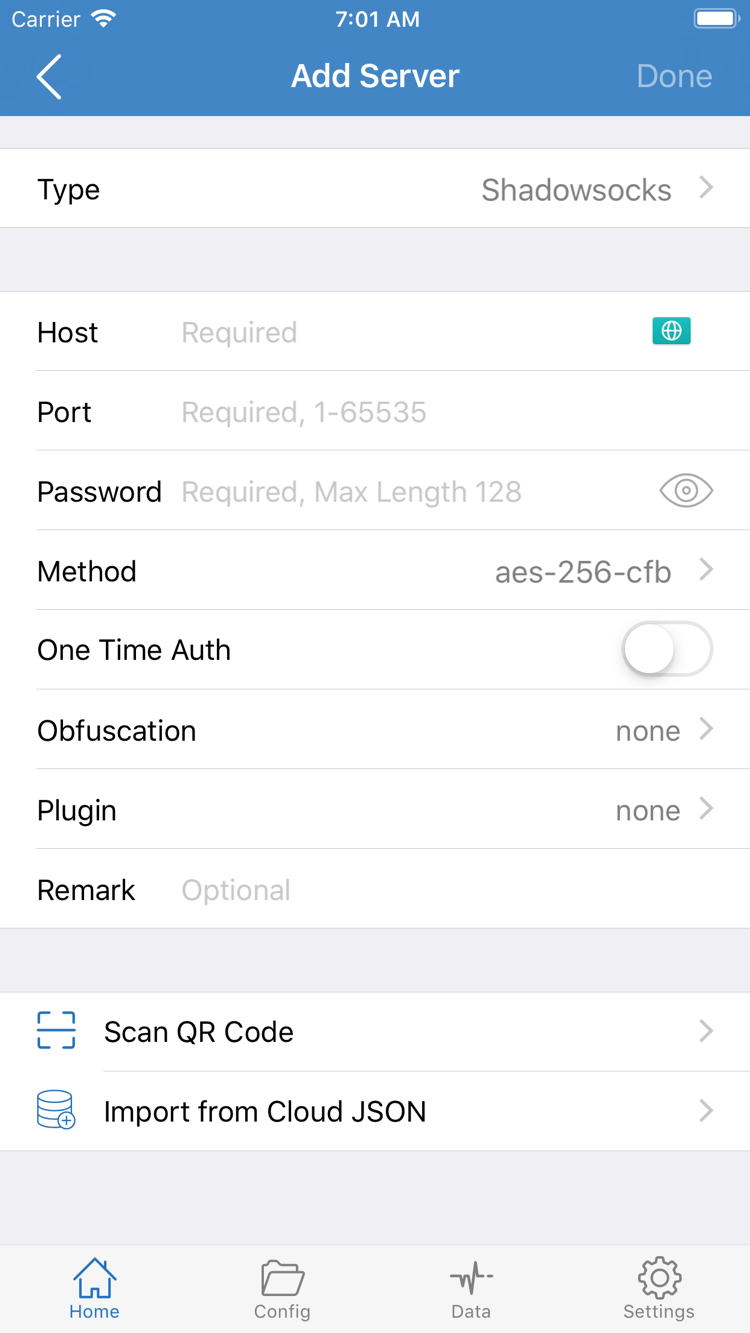 Shadowrocketのサーバー追加画面。Type、Host、Port、Password、Methodと、QRコードおよびCloud JSONの読み込み項目が表示されています
