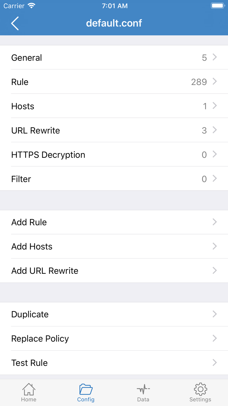 ShadowrocketのConfig設定ファイル編集画面。General、Rule、Hosts、URL Rewrite、HTTPS Decryptionの各セクションとAdd Ruleが表示されています