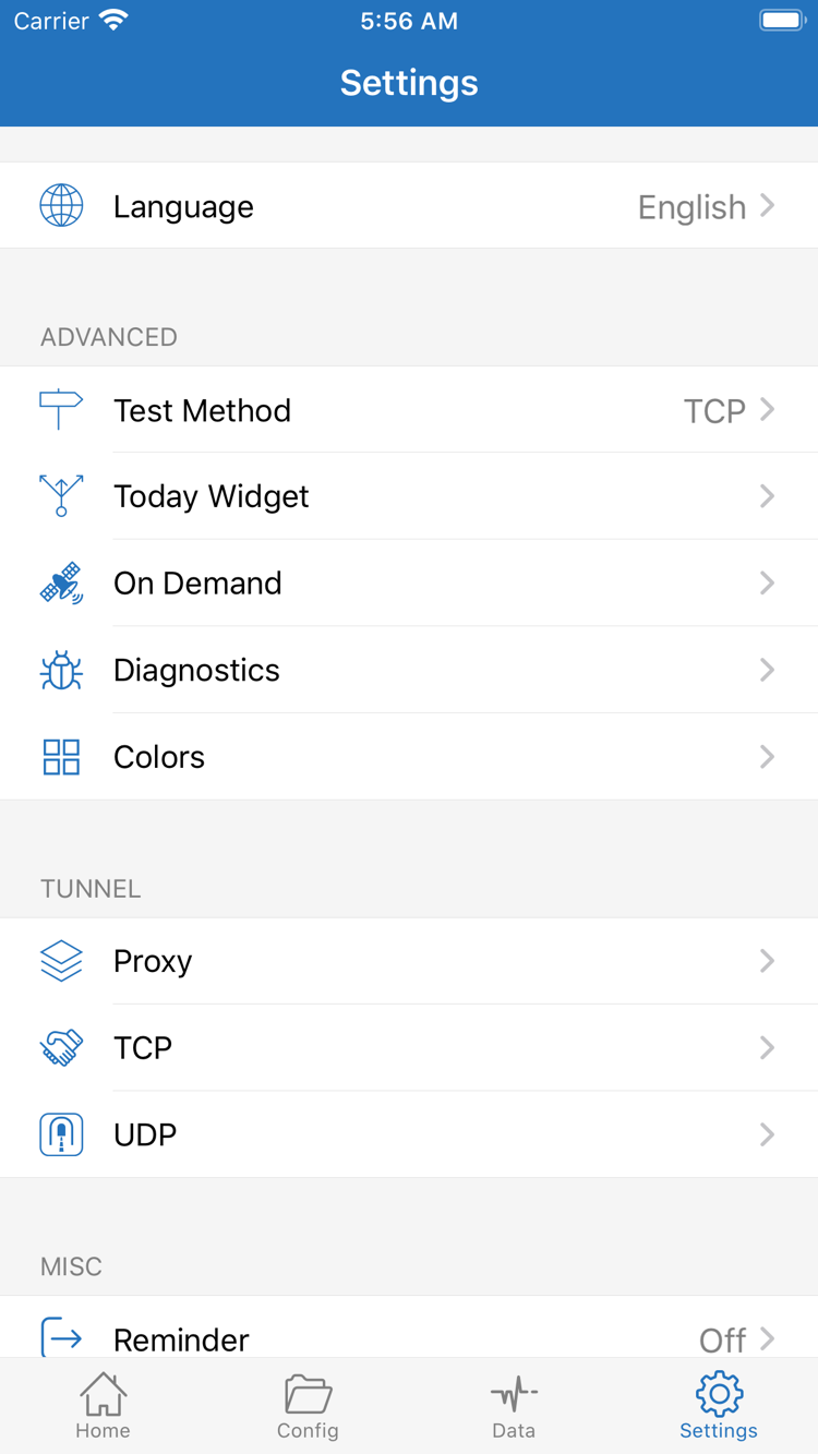 ShadowrocketのSettings画面。Language、Test Method、Today Widget、On Demand、Diagnosticsと、Proxy、TCP、UDPの各グループが表示されています
